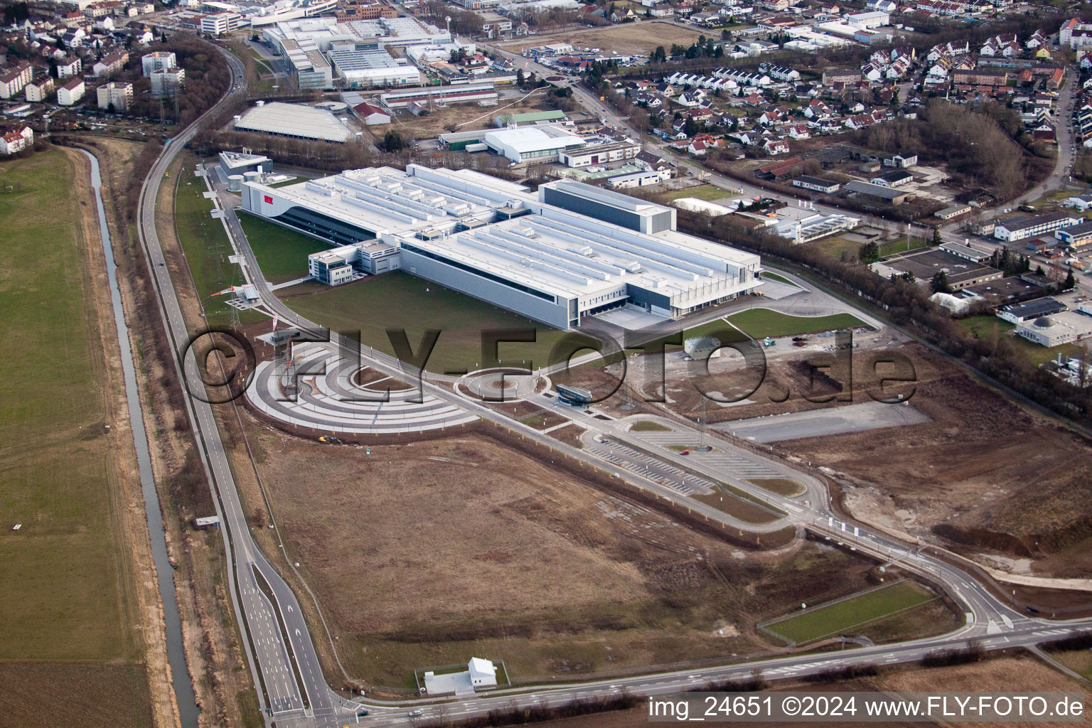 Aerial view of SEW-EURODRIVE GmbH new building in Bruchsal in the state Baden-Wuerttemberg, Germany