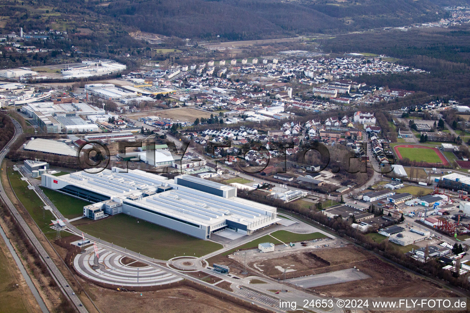 Aerial view of Industrial estate and company settlement SEW GGW in Bruchsal in the state Baden-Wurttemberg