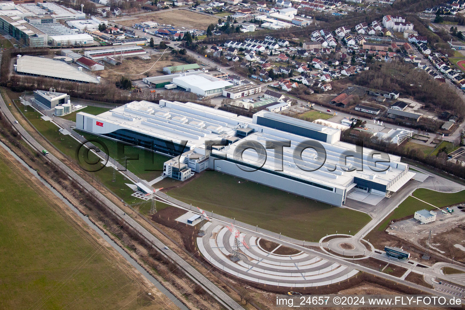 Aerial photograpy of SEW-EURODRIVE GmbH new building in Bruchsal in the state Baden-Wuerttemberg, Germany