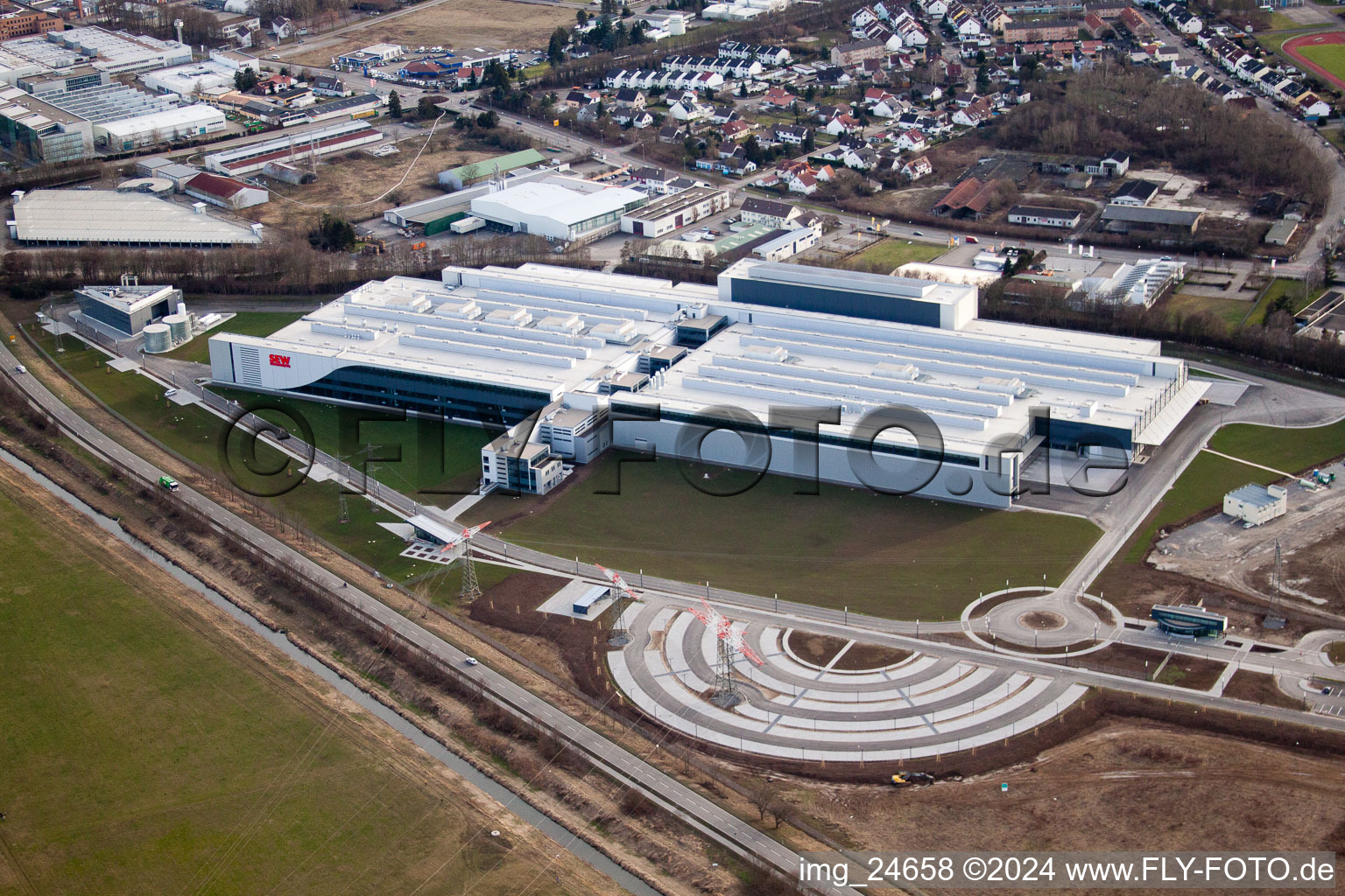 Oblique view of SEW-EURODRIVE GmbH new building in Bruchsal in the state Baden-Wuerttemberg, Germany