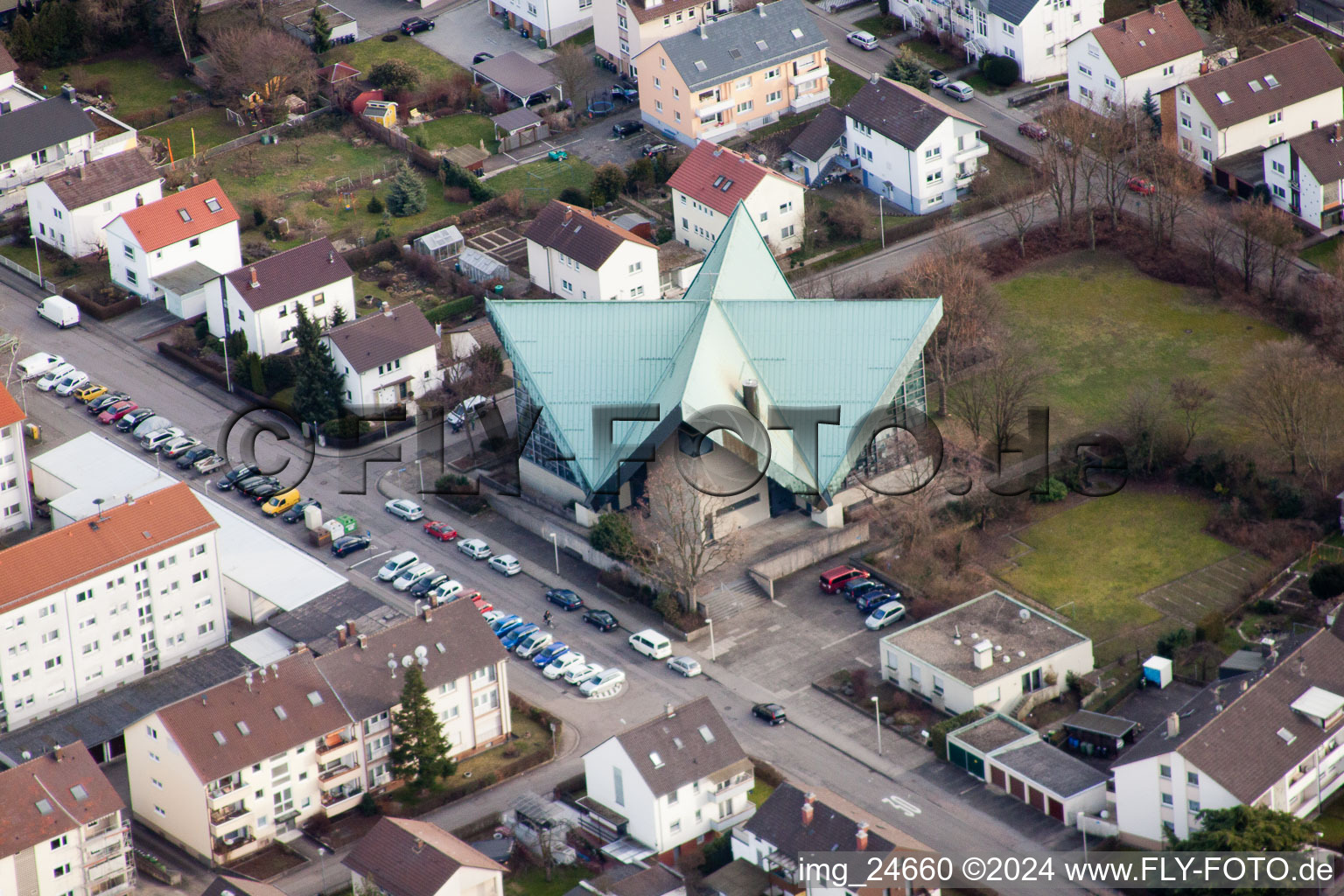 Aerial view of St. Joseph in Bruchsal in the state Baden-Wuerttemberg, Germany