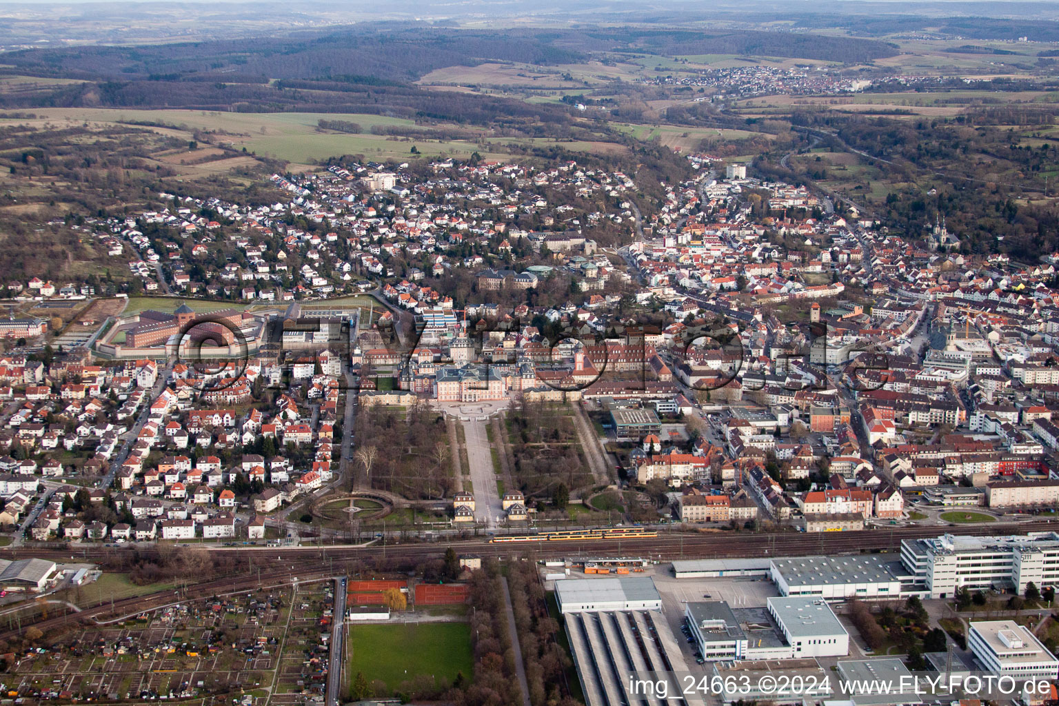 Aerial view of Building complex in the park of the castle Bruchsal in Bruchsal in the state Baden-Wurttemberg