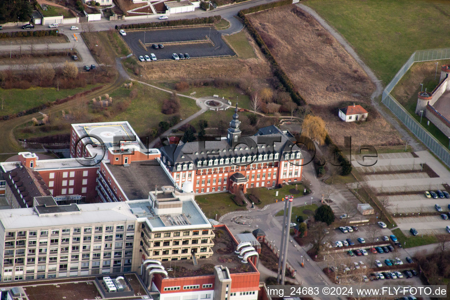 Aerial view of Prince Stirum Clinic in Bruchsal in the state Baden-Wuerttemberg, Germany