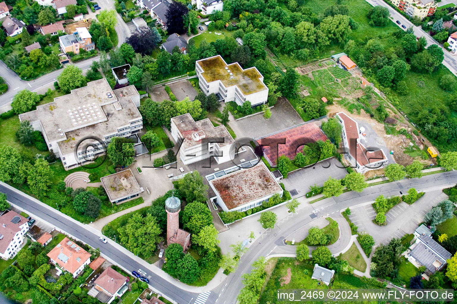 Aerial view of SW, Reuchlin High School in Pforzheim in the state Baden-Wuerttemberg, Germany