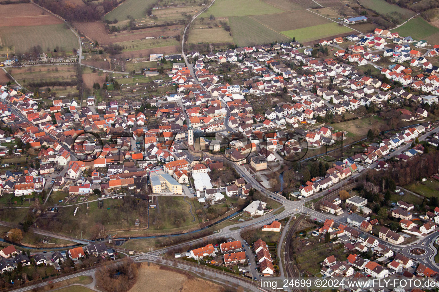 District Ubstadt in Ubstadt-Weiher in the state Baden-Wuerttemberg, Germany seen from above