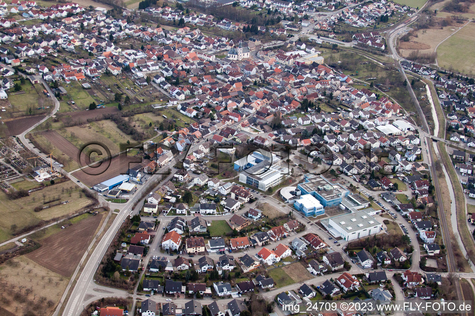 Aerial view of Alfred Delp cultural center and swimming pool in the district Ubstadt in Ubstadt-Weiher in the state Baden-Wuerttemberg, Germany