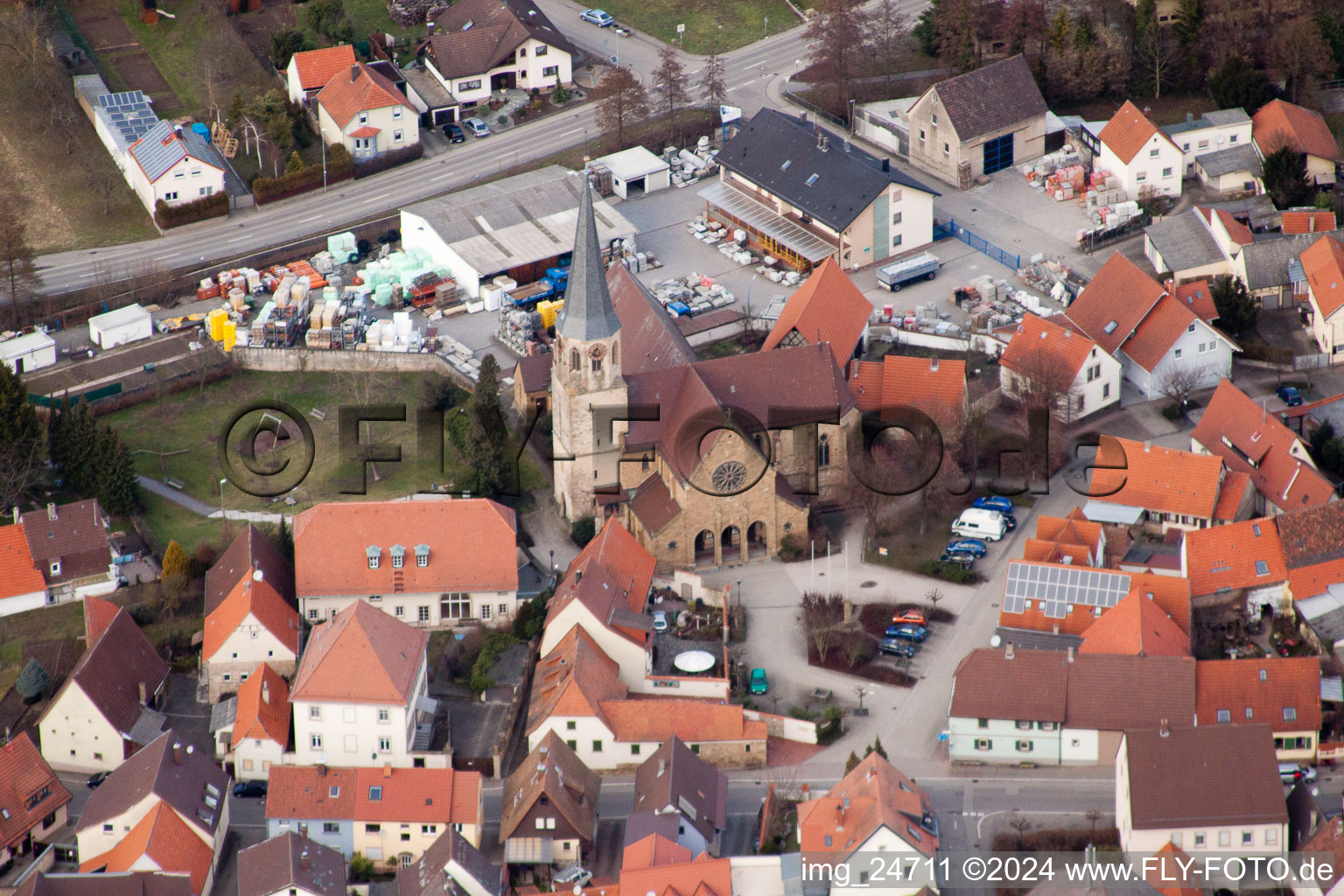 Aerial view of St. Marcellus in the district Stettfeld in Ubstadt-Weiher in the state Baden-Wuerttemberg, Germany