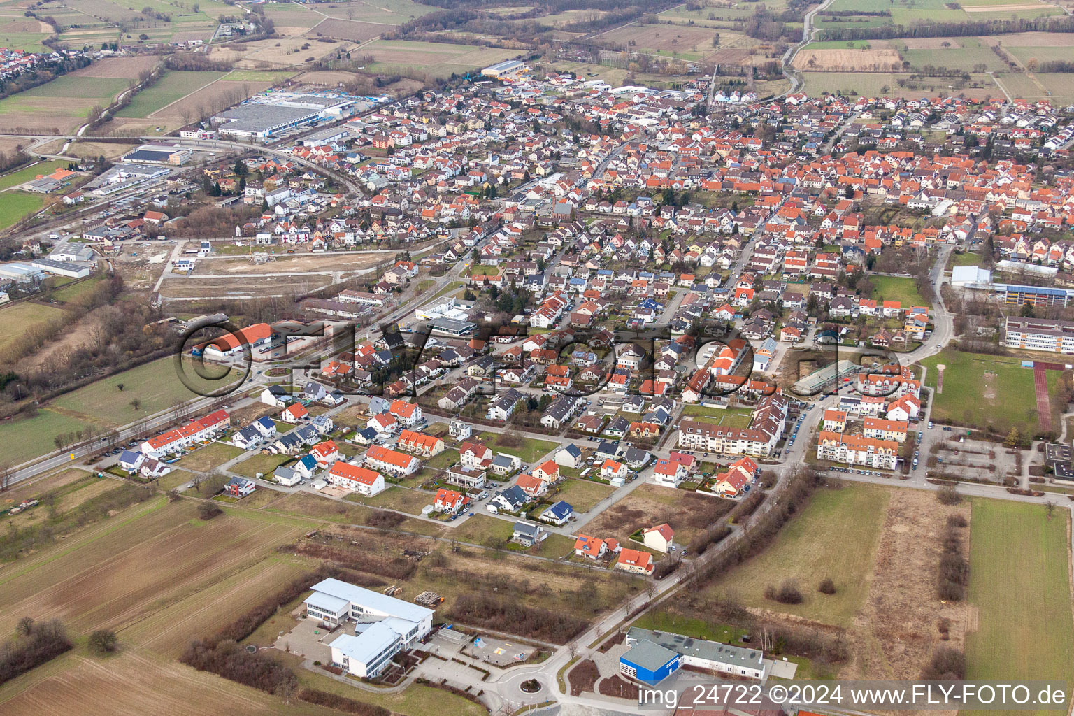 Town View of the streets and houses of the residential areas in the district Bad Mingolsheim in Bad Schoenborn in the state Baden-Wurttemberg