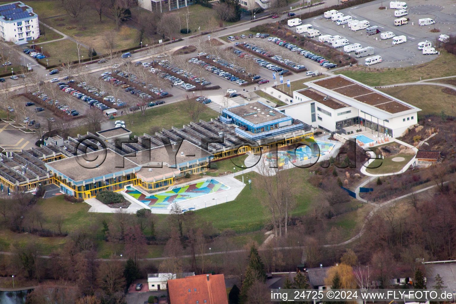 Spa and swimming pools at the swimming pool of the leisure facility Thermarium in the district Mingolsheim in Bad Schoenborn in the state Baden-Wurttemberg