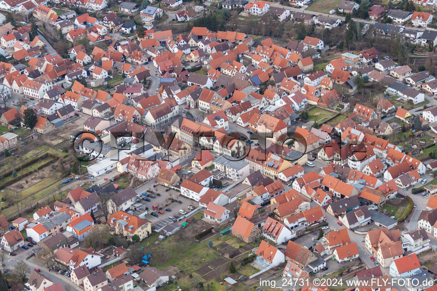 Aerial view of Town View of the streets and houses of the residential areas in the district Mingolsheim in Bad Schoenborn in the state Baden-Wurttemberg