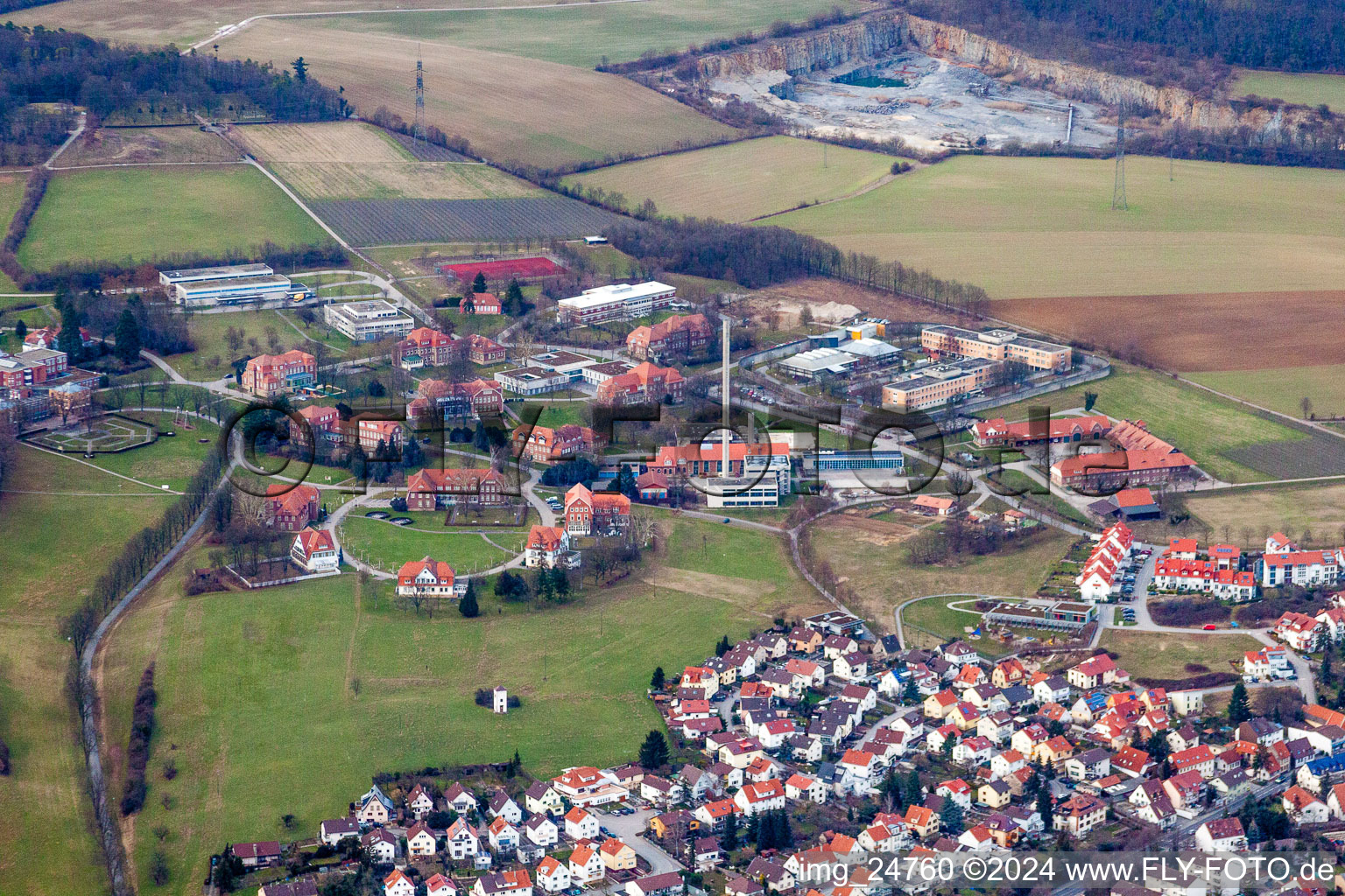 Aerial view of Hospital grounds of the Clinic Psychiatric Centre North-Baden in Wiesloch in the state Baden-Wurttemberg, Germany