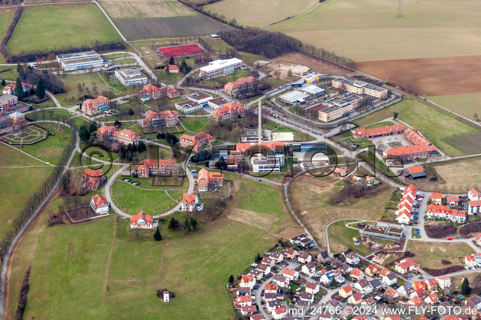 Oblique view of Hospital grounds of the Clinic Psychiatric Centre North-Baden in Wiesloch in the state Baden-Wurttemberg, Germany