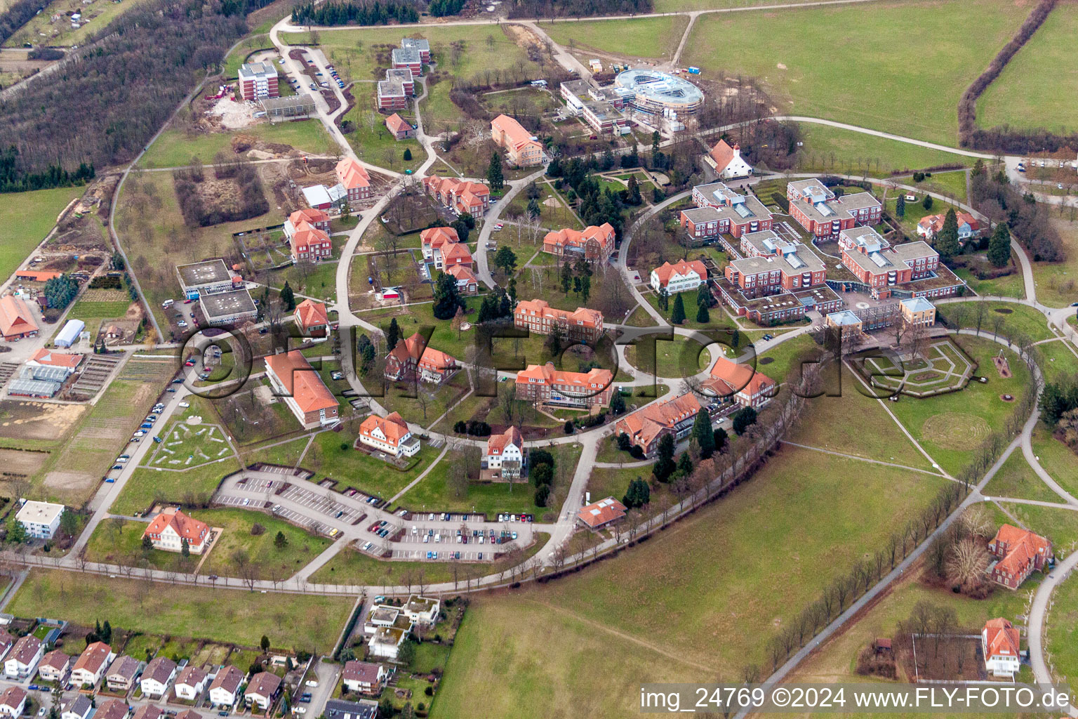 Hospital grounds of the Clinic Psychiatric Centre North-Baden in Wiesloch in the state Baden-Wurttemberg, Germany from above