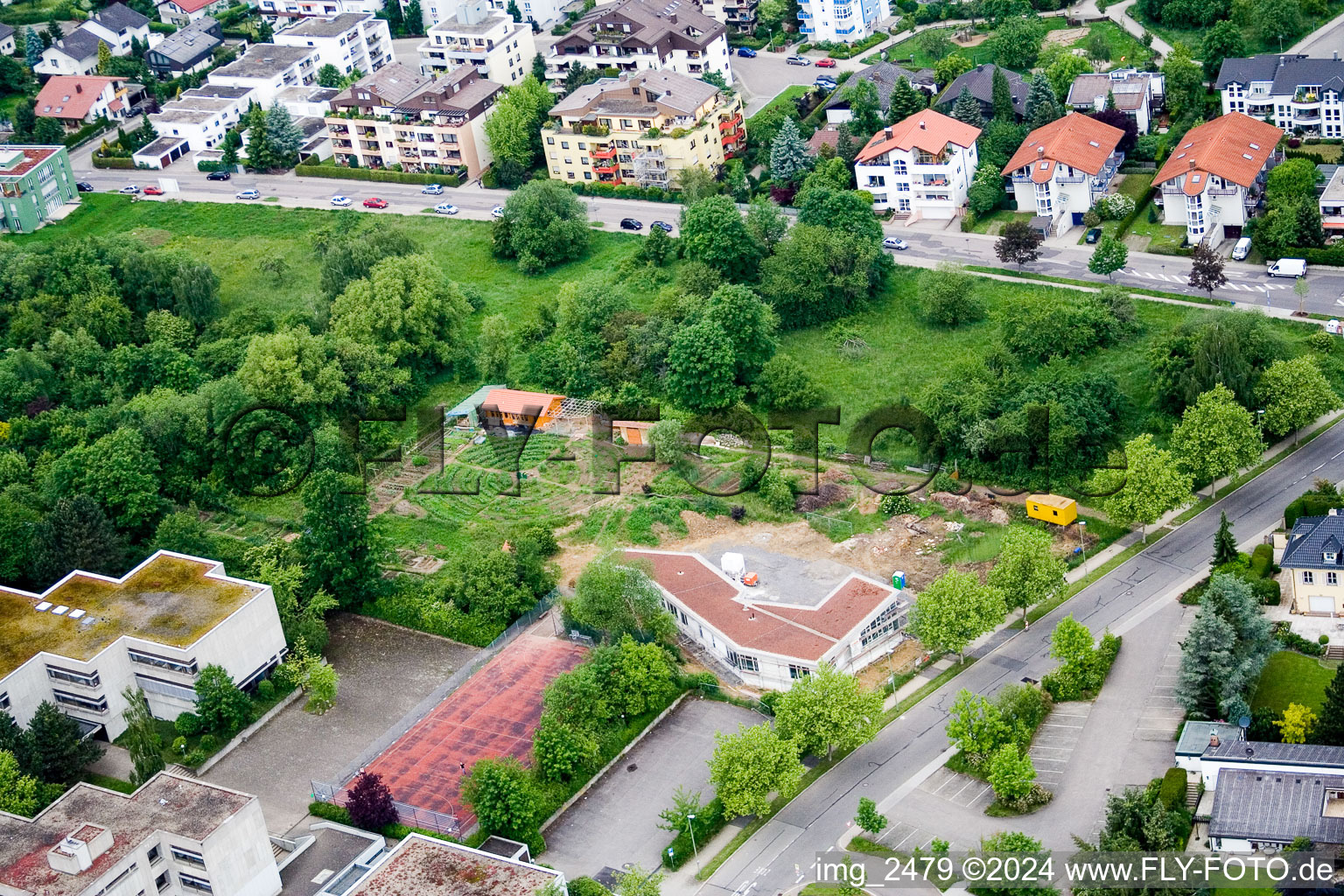 Aerial view of SW, Waldorf School in Pforzheim in the state Baden-Wuerttemberg, Germany