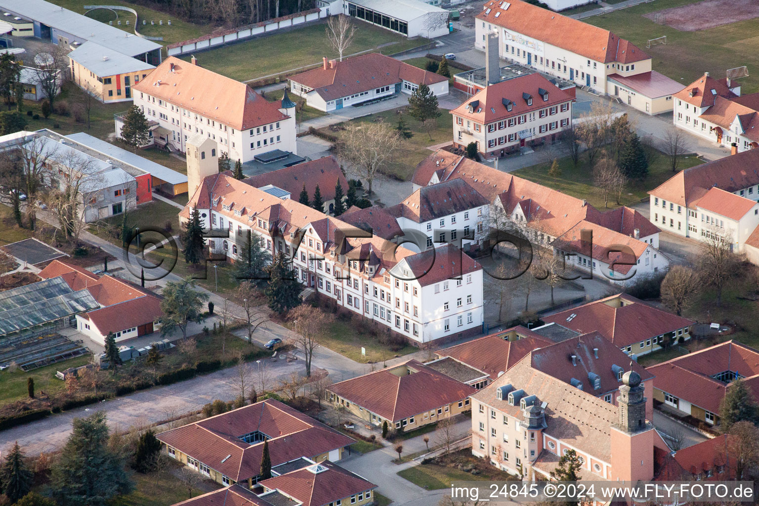 Oblique view of Stift, Jakob-Reeb-Schule‎ Youth Work St. Josef‎ in Landau in der Pfalz in the state Rhineland-Palatinate, Germany