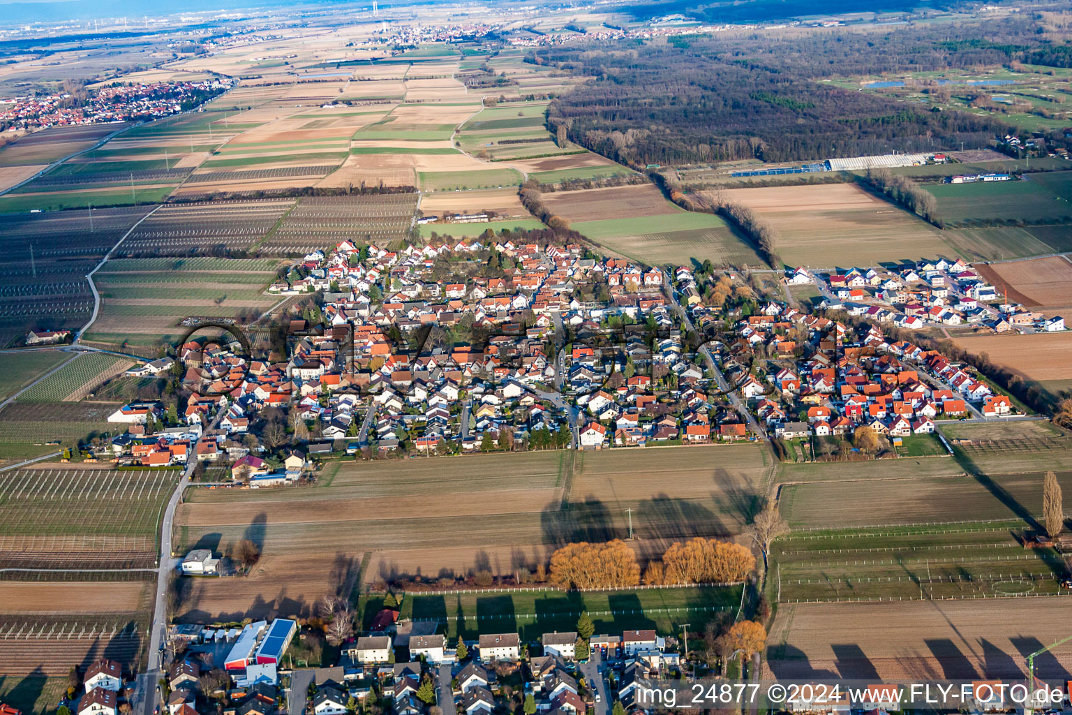 Aerial view of Town View of the streets and houses of the residential areas in Bornheim in the state Rhineland-Palatinate