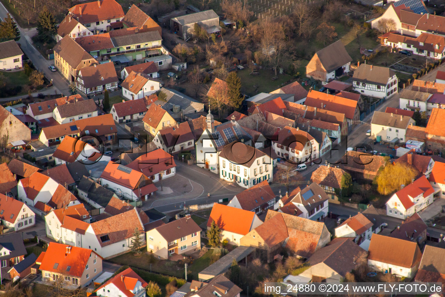 Aerial photograpy of Town View of the streets and houses of the residential areas in Bornheim in the state Rhineland-Palatinate