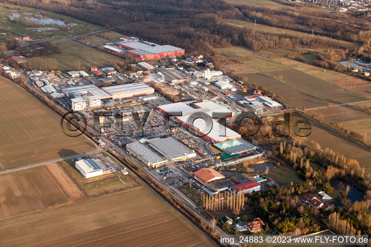 Aerial photograpy of Bruchwiesenstrasse industrial area with Hornbach hardware store in the district Dreihof in Bornheim in the state Rhineland-Palatinate, Germany