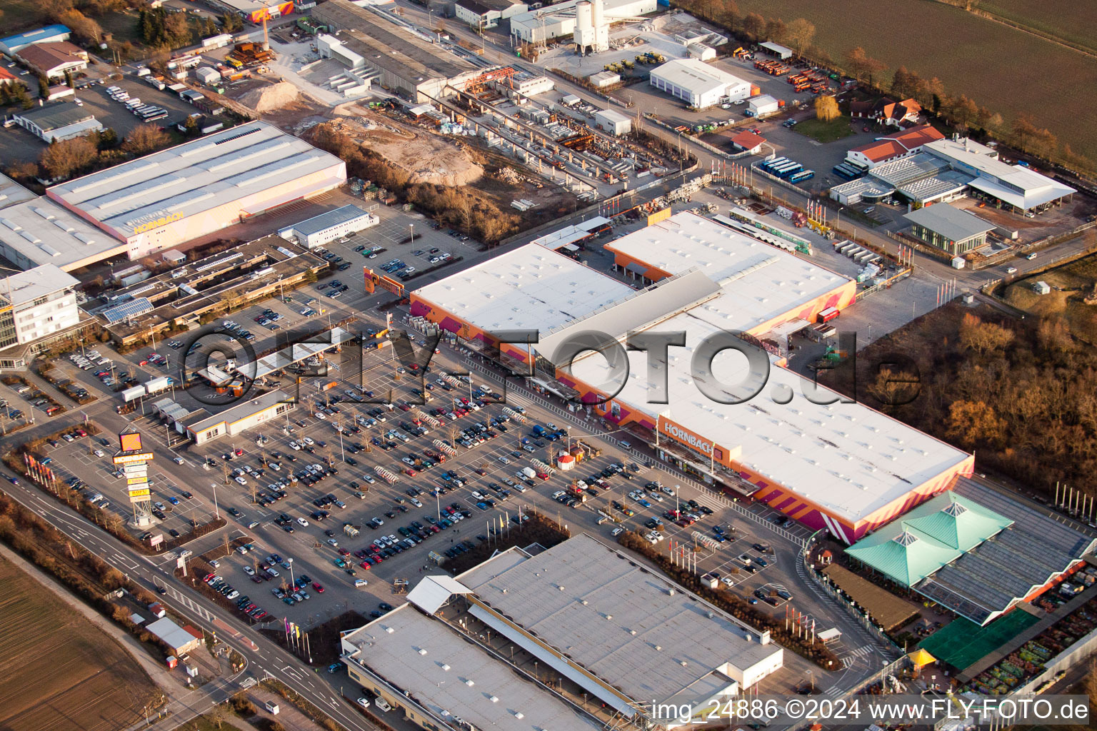 Oblique view of Hornbach hardware store in the industrial area Bruchwiesenstr in Bornheim in the state Rhineland-Palatinate, Germany