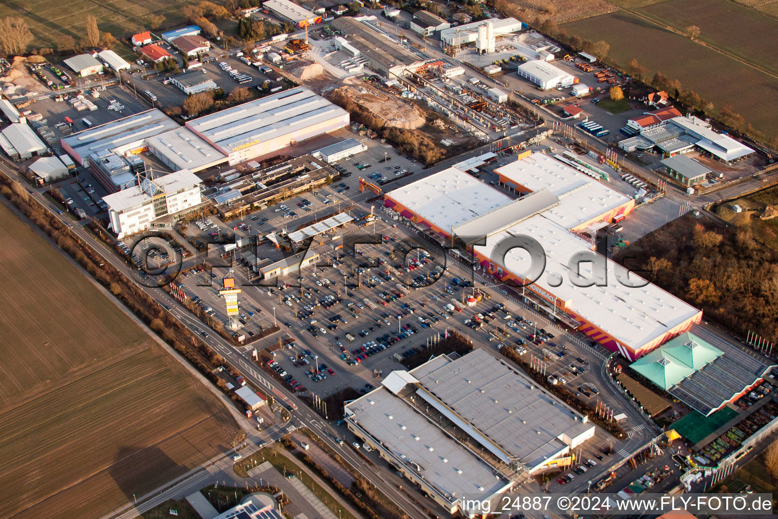 Hornbach hardware store in the industrial area Bruchwiesenstr in Bornheim in the state Rhineland-Palatinate, Germany from above