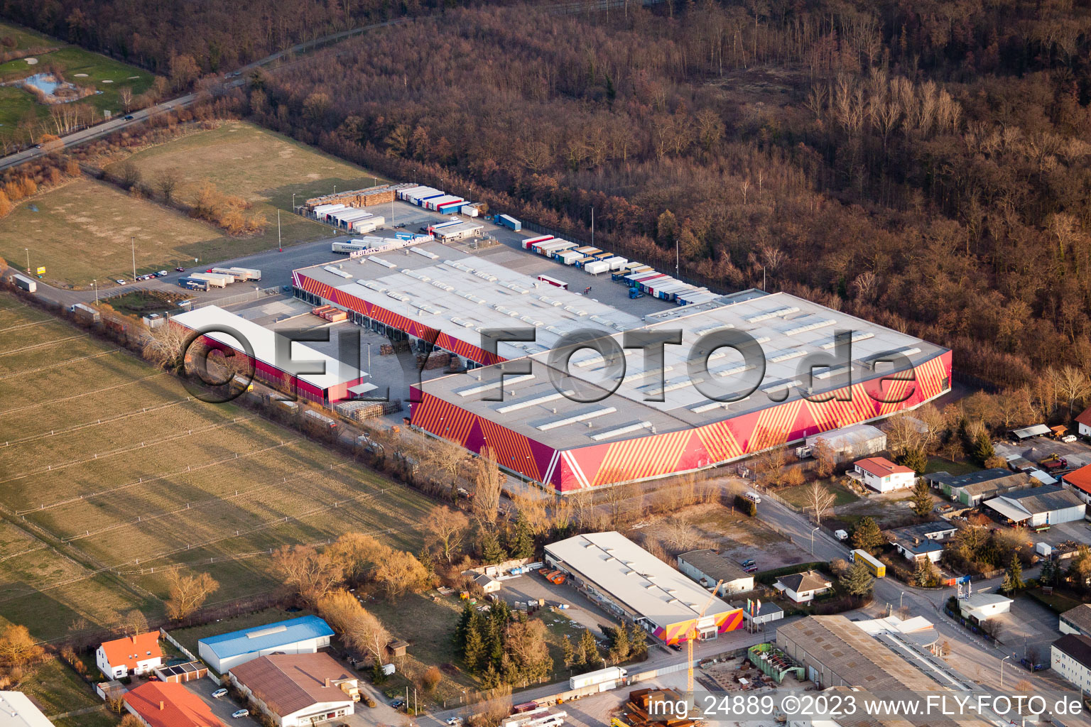Hornbach hardware store in the Bruchwiesenstr industrial area in Bornheim in the state Rhineland-Palatinate, Germany seen from above