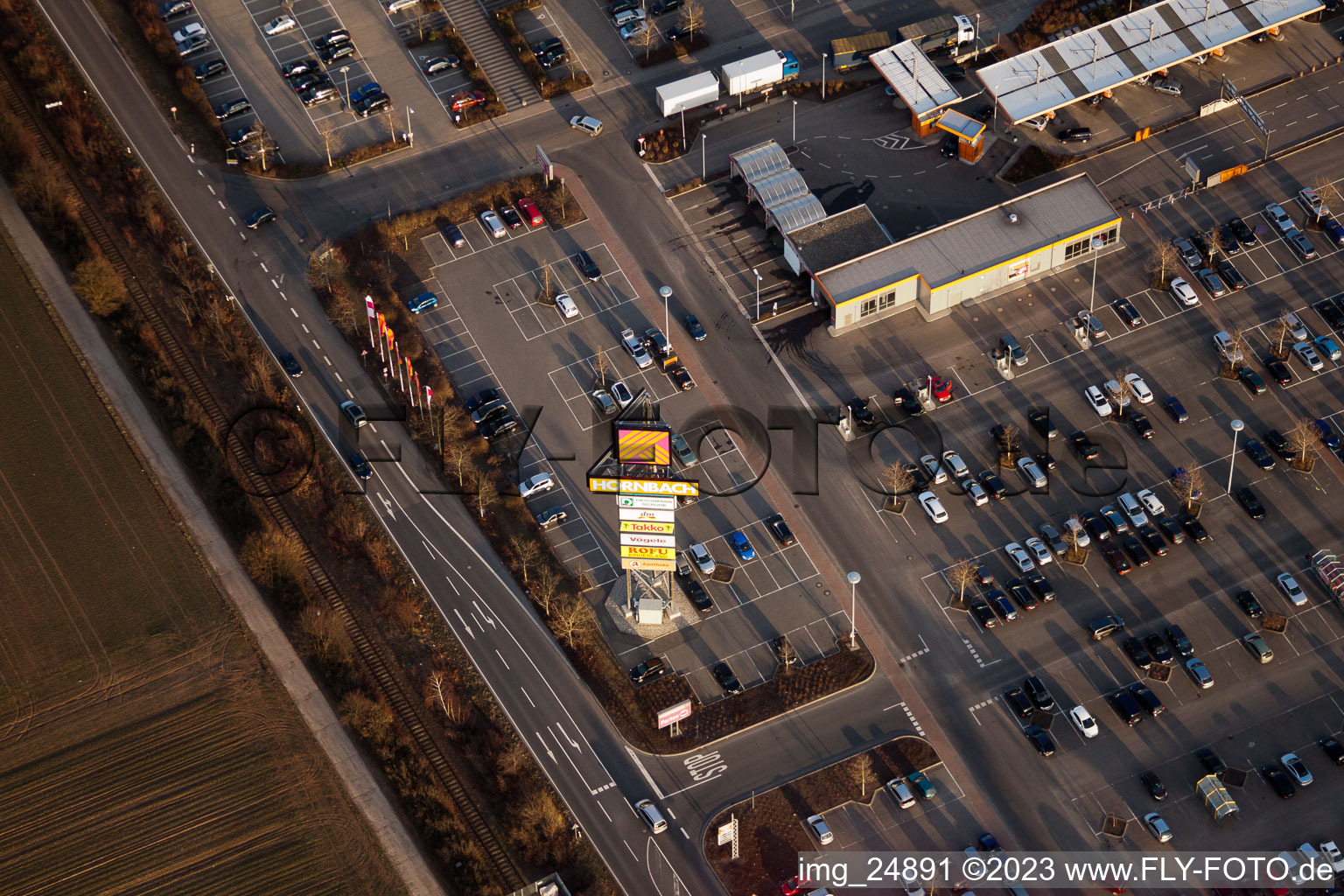 Aerial view of Hornbach parking lot in Bornheim in the state Rhineland-Palatinate, Germany