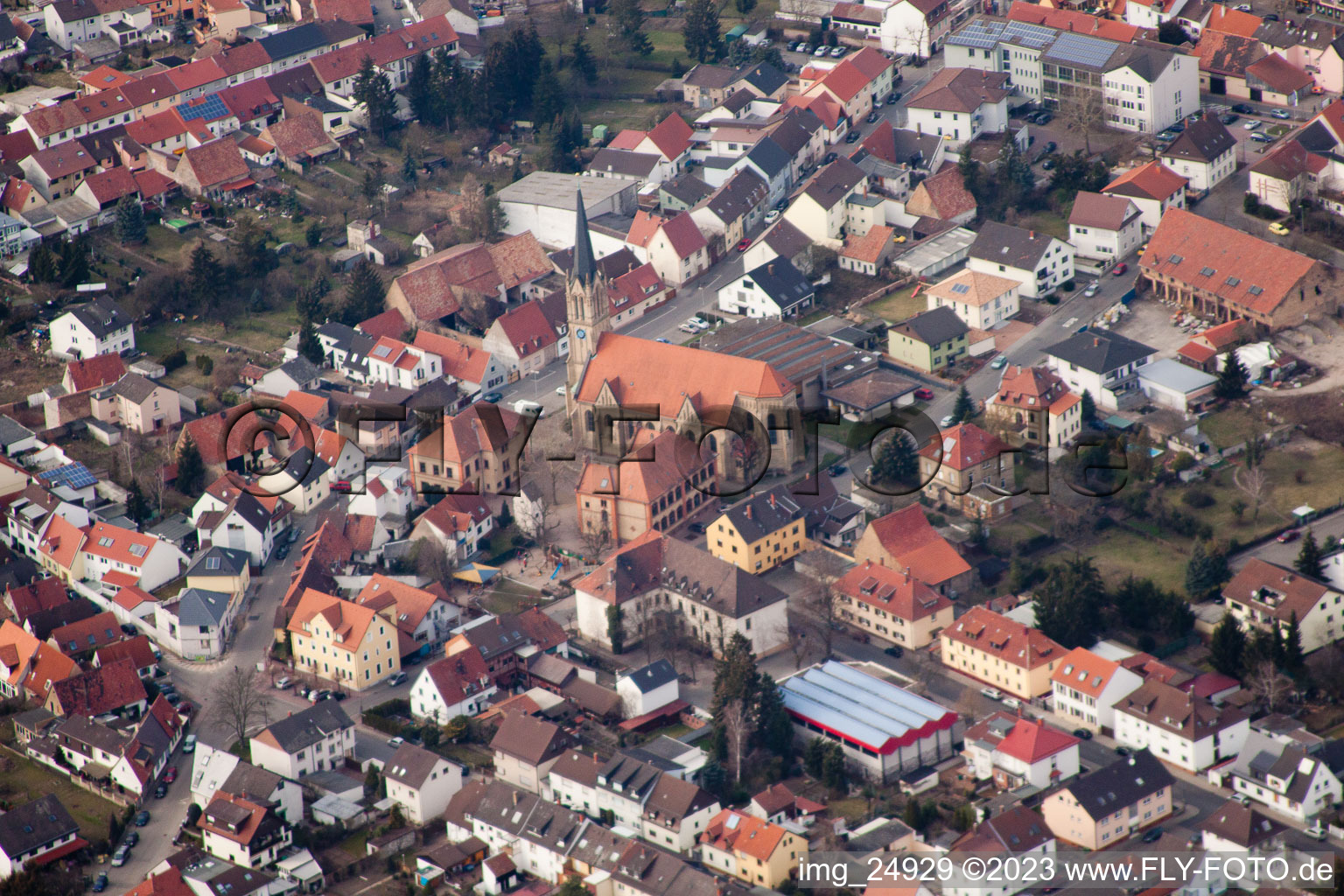 Aerial view of Guardian Angel Church in Brühl in the state Baden-Wuerttemberg, Germany