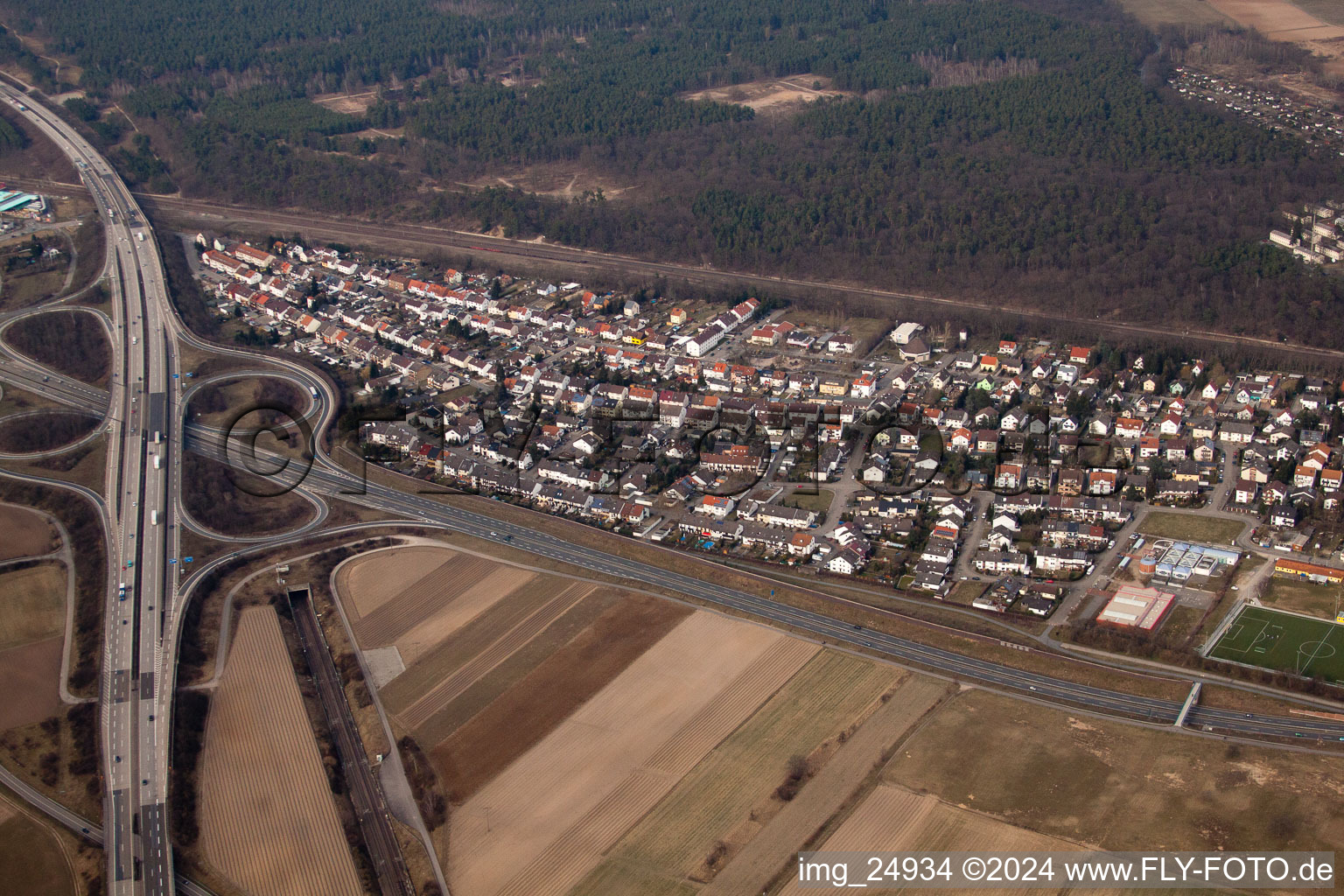 Aerial view of Deer Acker in Schwetzingen in the state Baden-Wuerttemberg, Germany