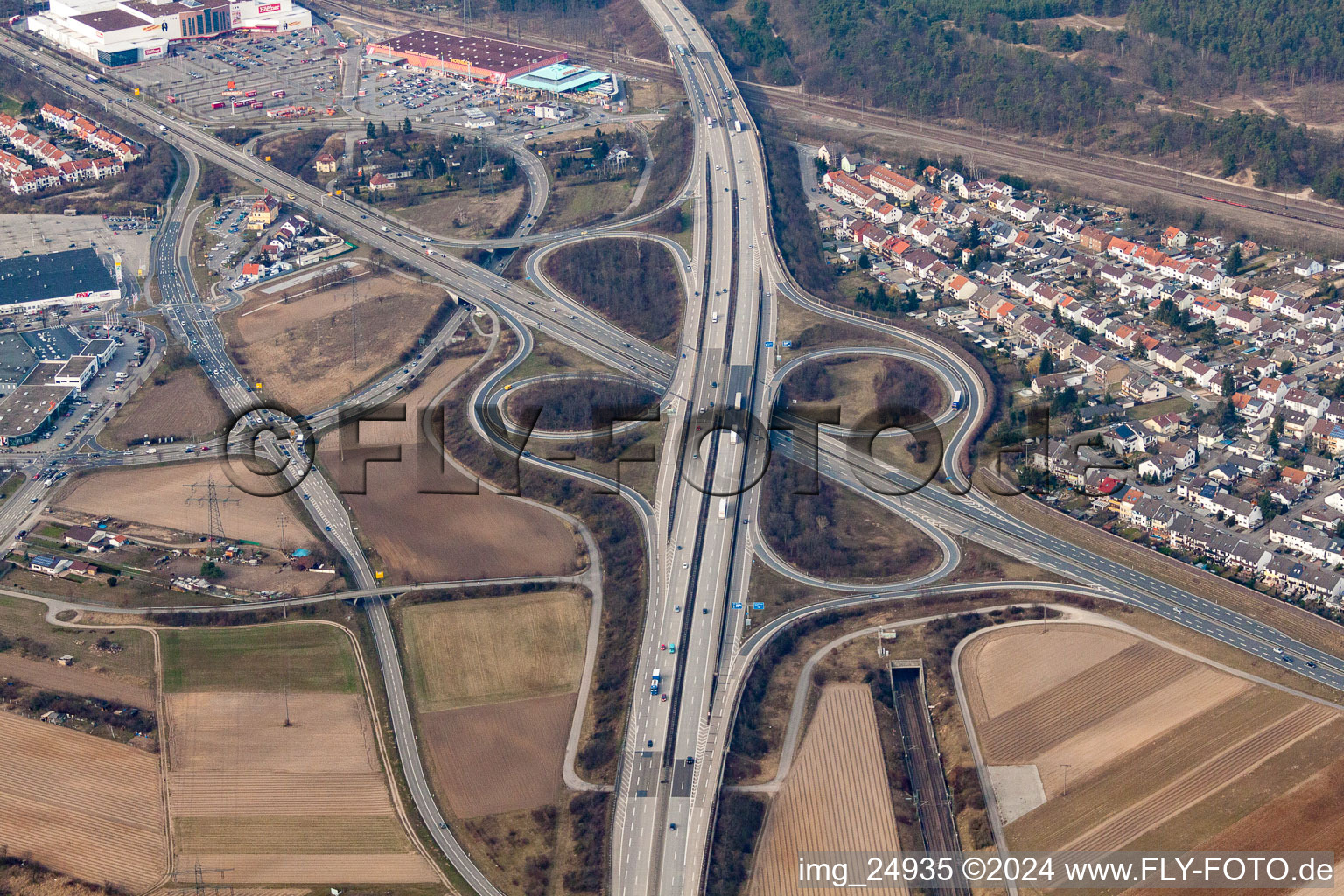 Routing and traffic lanes during the highway exit and access the motorway A 6 to the B36 in Schwetzingen in the state Baden-Wurttemberg, Germany