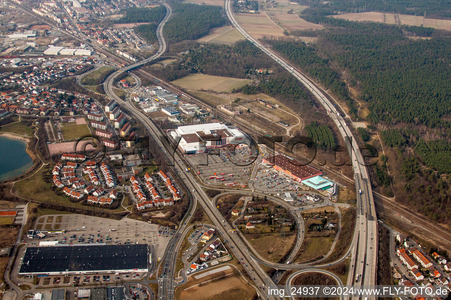 Industrial estate and company settlement Moebel Hoeffner and Hornbach Schwetzingen in Schwetzingen in the state Baden-Wurttemberg, Germany