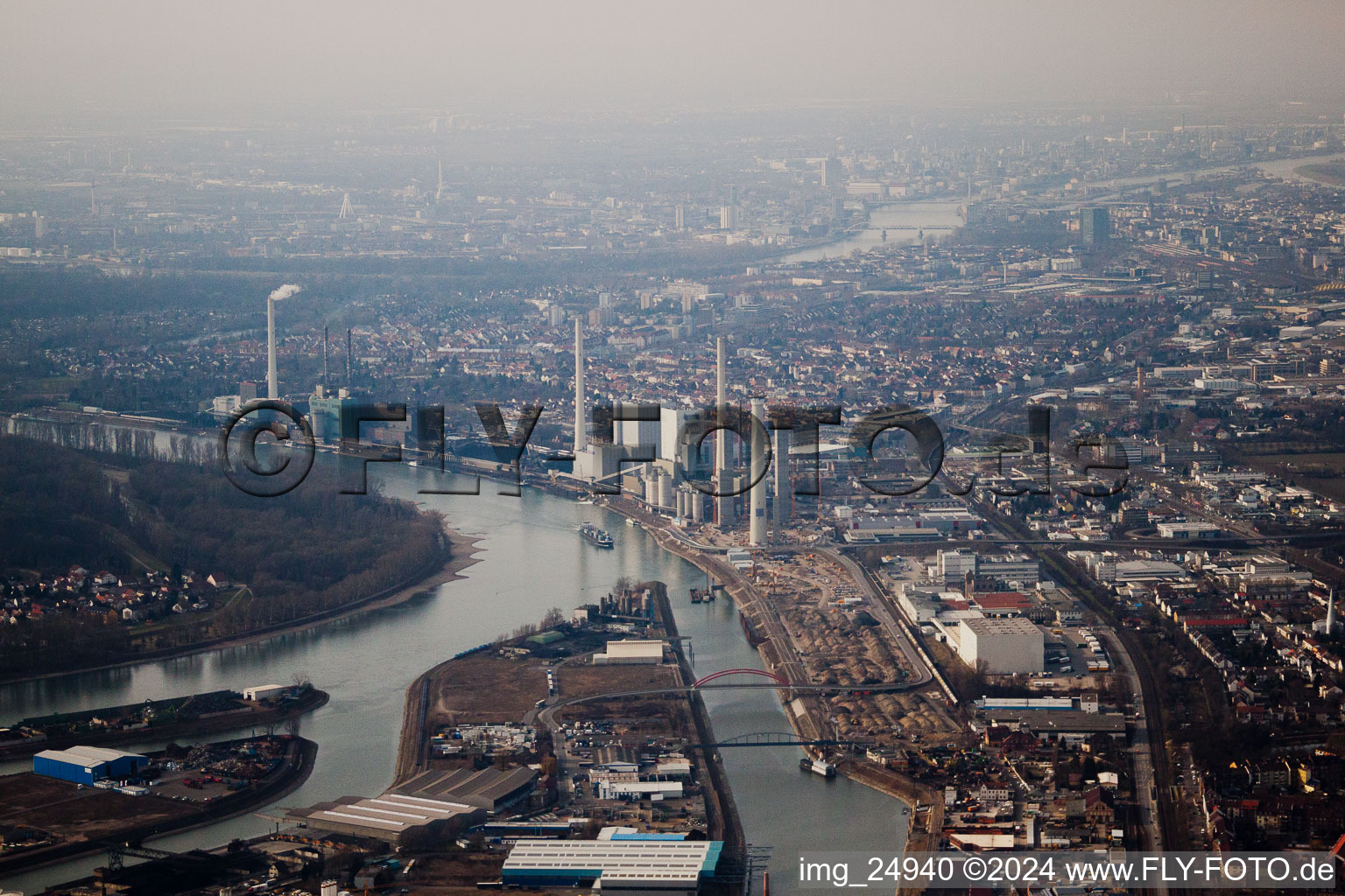 Oblique view of Rheinau Harbour in the district Rheinau in Mannheim in the state Baden-Wuerttemberg, Germany