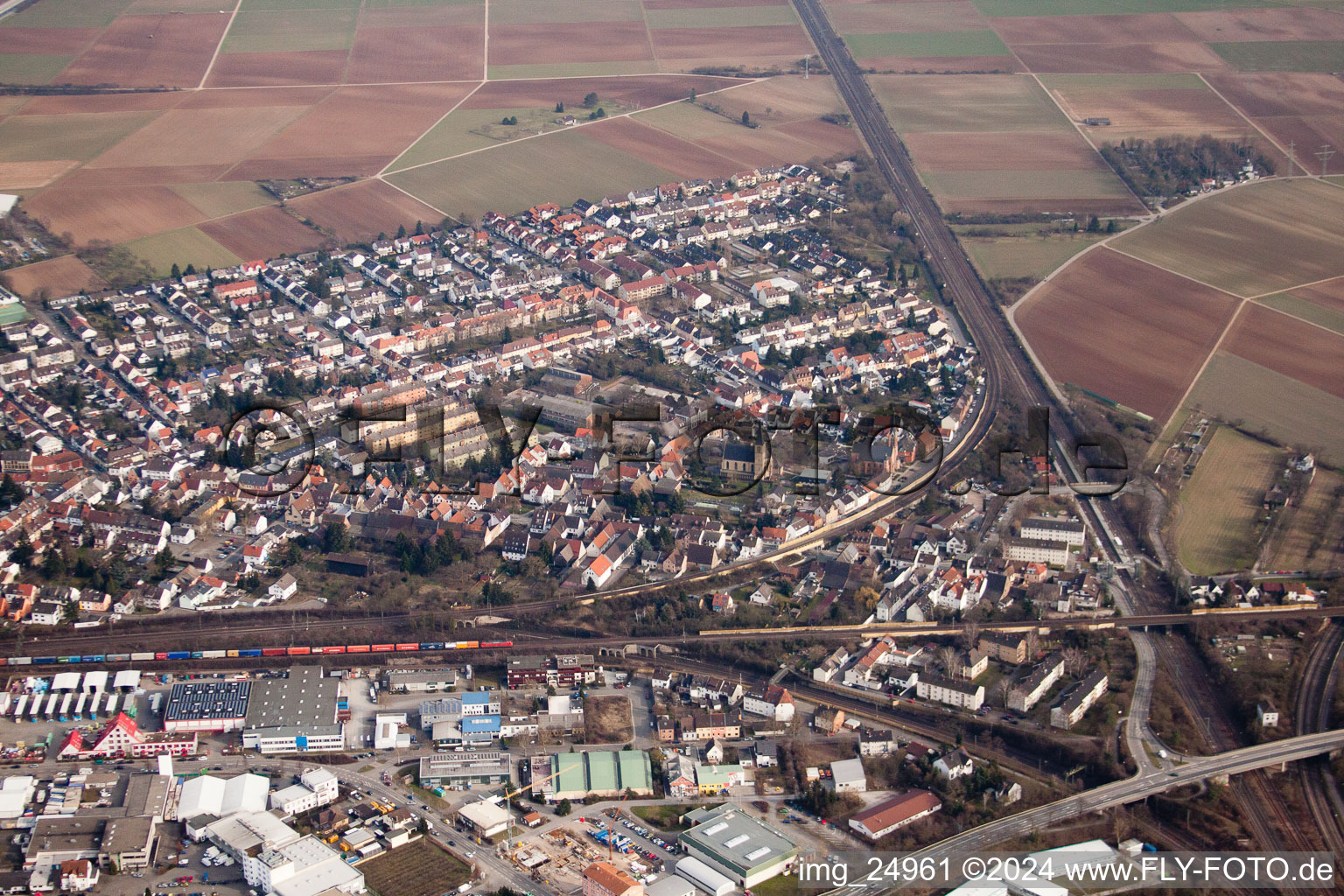 Aerial view of District Friedrichsfeld in Mannheim in the state Baden-Wuerttemberg, Germany