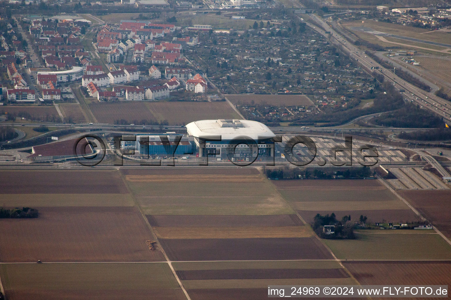 Aerial photograpy of SAP Arena in the district Hochstätt in Mannheim in the state Baden-Wuerttemberg, Germany