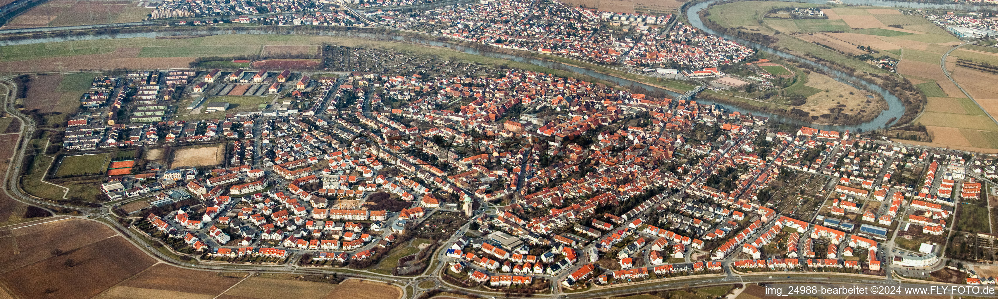 Panoramic perspective of Town View of the streets and houses of the residential areas in the district Seckenheim in Mannheim in the state Baden-Wurttemberg, Germany
