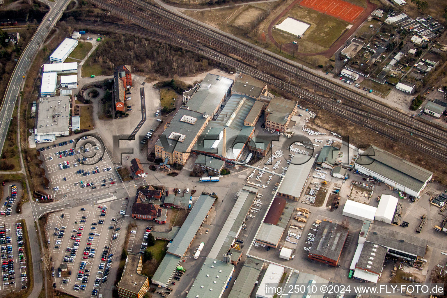 Aerial view of Industrial and commercial area of FRIATEC Aktiengesellschaft in the district Friedrichsfeld in Mannheim in the state Baden-Wurttemberg, Germany