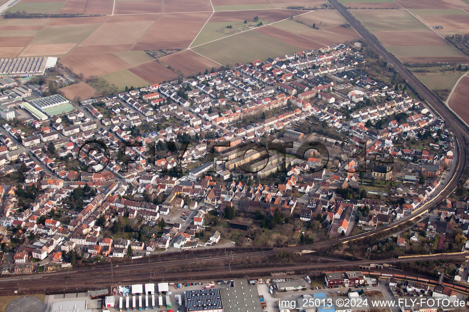 District Friedrichsfeld in Mannheim in the state Baden-Wuerttemberg, Germany seen from above