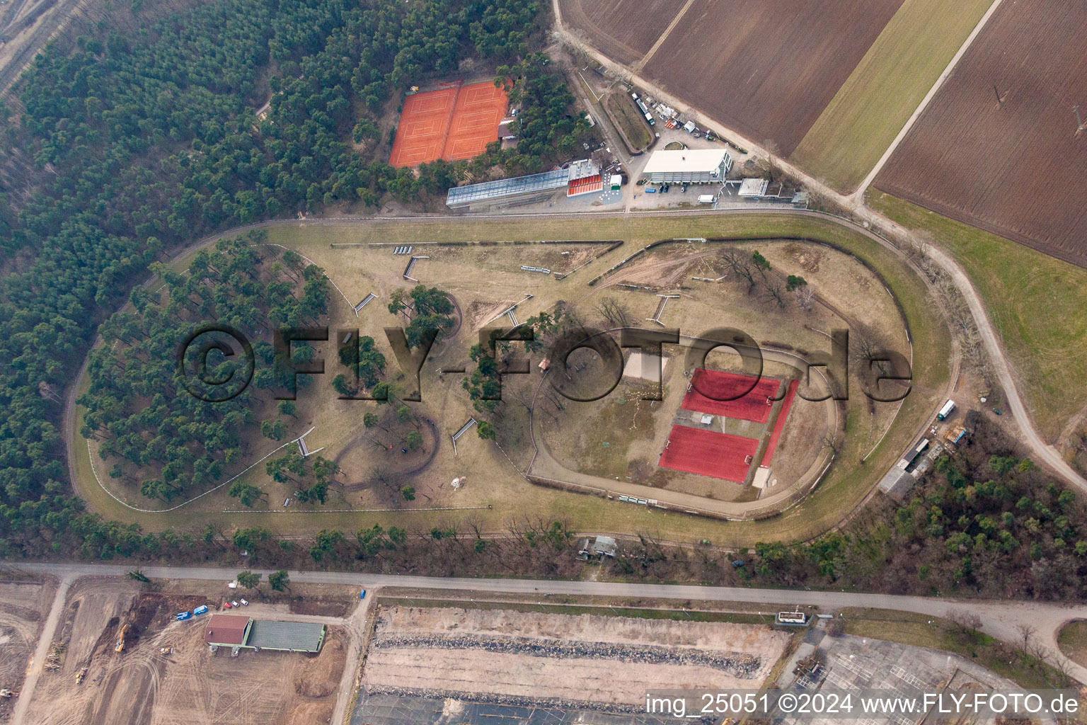 Forest race track of the Baden Racing Club in the district Seckenheim in Mannheim in the state Baden-Wuerttemberg, Germany from above