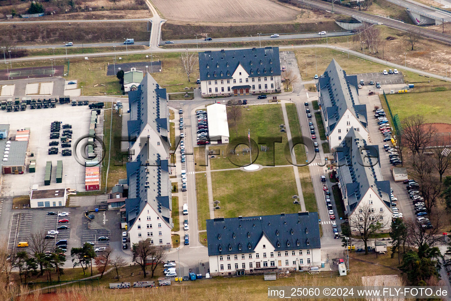 Aerial view of Baracks and military training ground of the US-Army in Schwetzingen in the state Baden-Wurttemberg, Germany