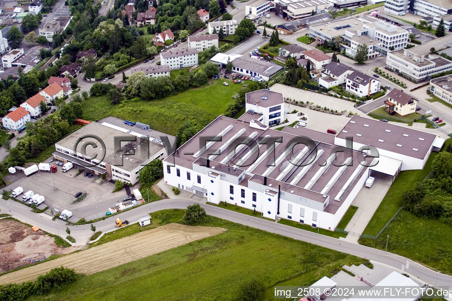 Aerial view of Industrial estate and company settlement Dennigstrasse mit Versandhaus Wenz in Pforzheim in the state Baden-Wurttemberg