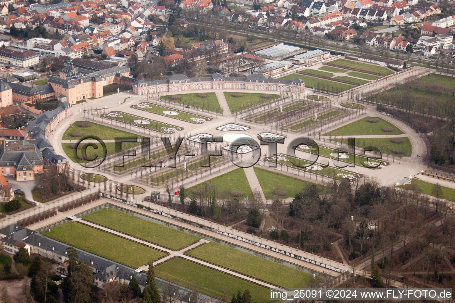 Oblique view of Schwetzingen Palace Park in Schwetzingen in the state Baden-Wuerttemberg, Germany