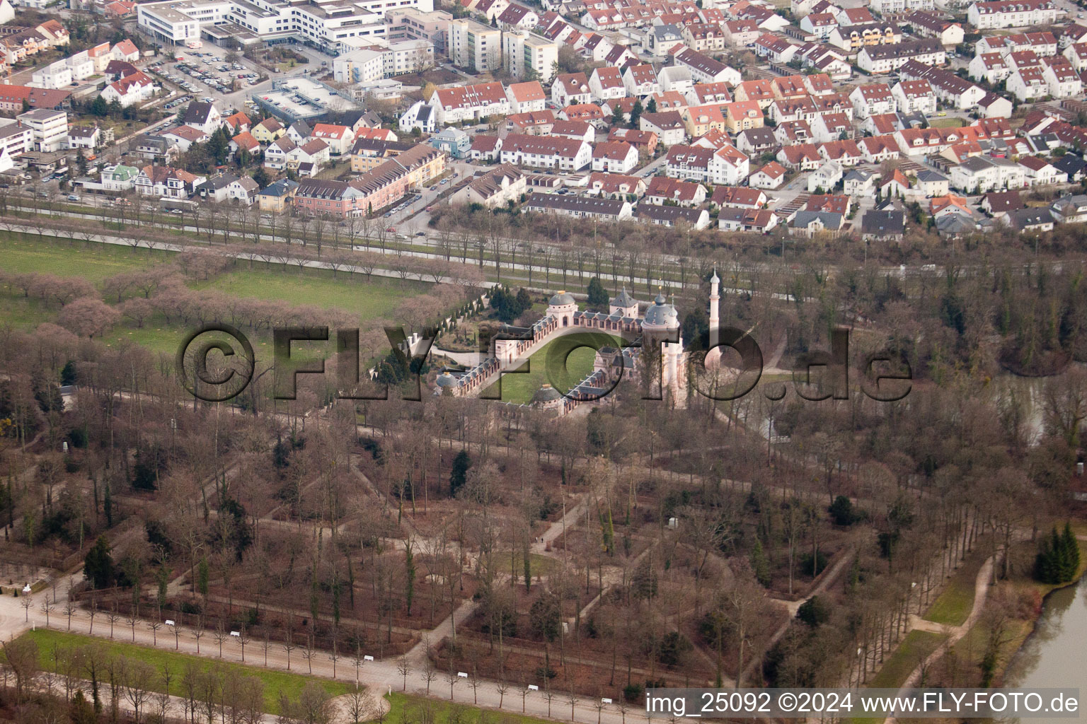 Schwetzingen Palace Park in Schwetzingen in the state Baden-Wuerttemberg, Germany from above