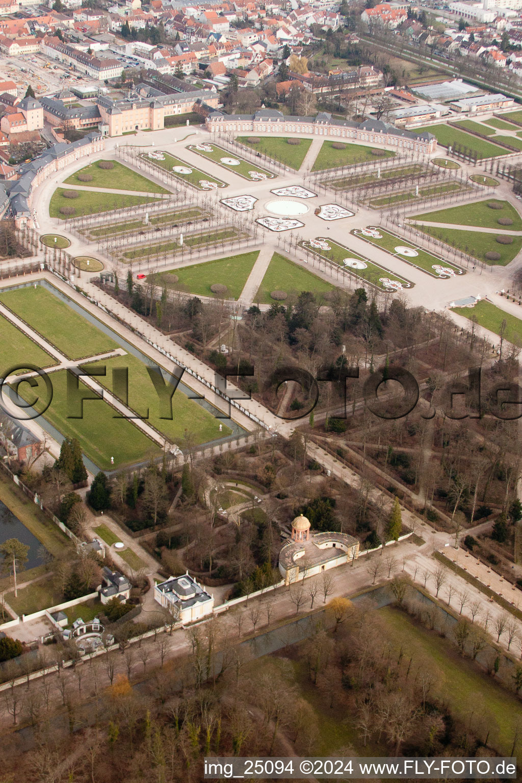 Schwetzingen Palace Park in Schwetzingen in the state Baden-Wuerttemberg, Germany seen from above