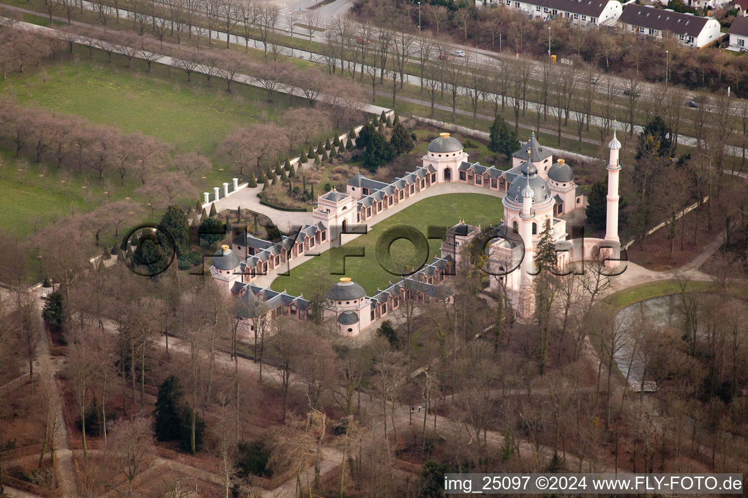 Schwetzingen Palace Park in Schwetzingen in the state Baden-Wuerttemberg, Germany from the plane