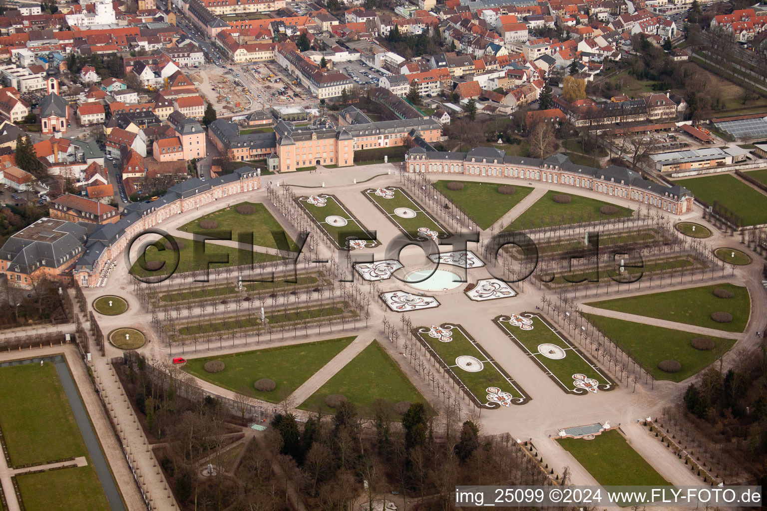 Bird's eye view of Schwetzingen Palace Park in Schwetzingen in the state Baden-Wuerttemberg, Germany