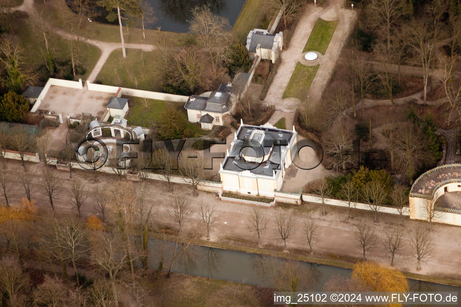 Drone recording of Schwetzingen Palace Park in Schwetzingen in the state Baden-Wuerttemberg, Germany