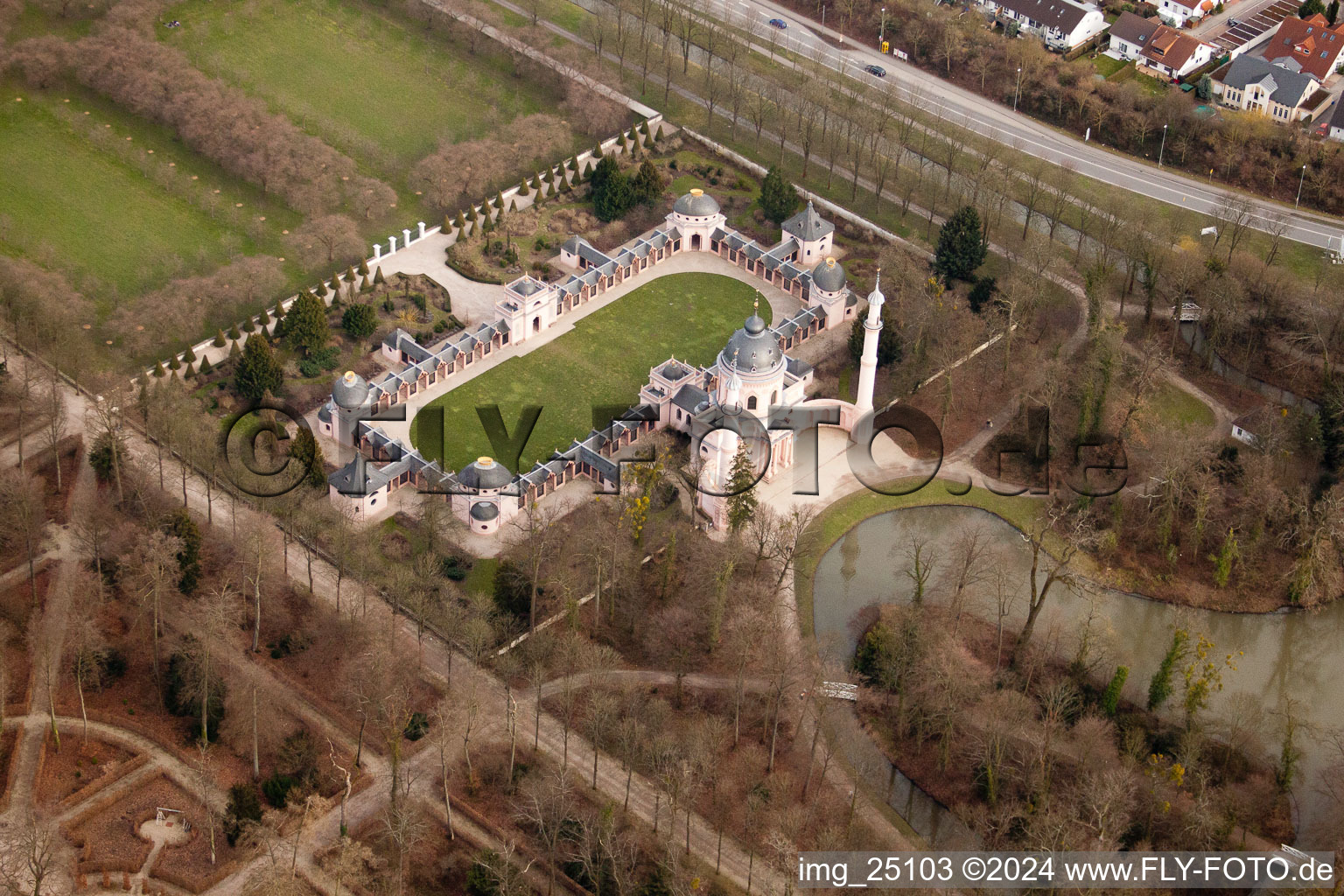 Drone image of Schwetzingen Palace Park in Schwetzingen in the state Baden-Wuerttemberg, Germany