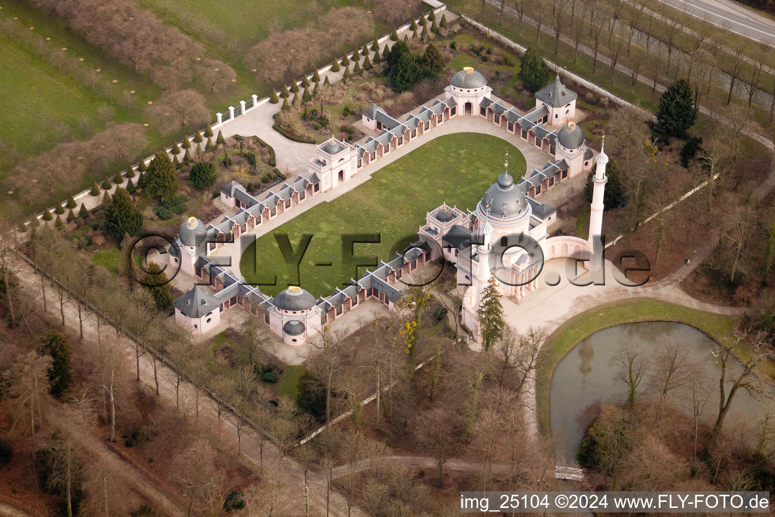 Schwetzingen Palace Park in Schwetzingen in the state Baden-Wuerttemberg, Germany from the drone perspective