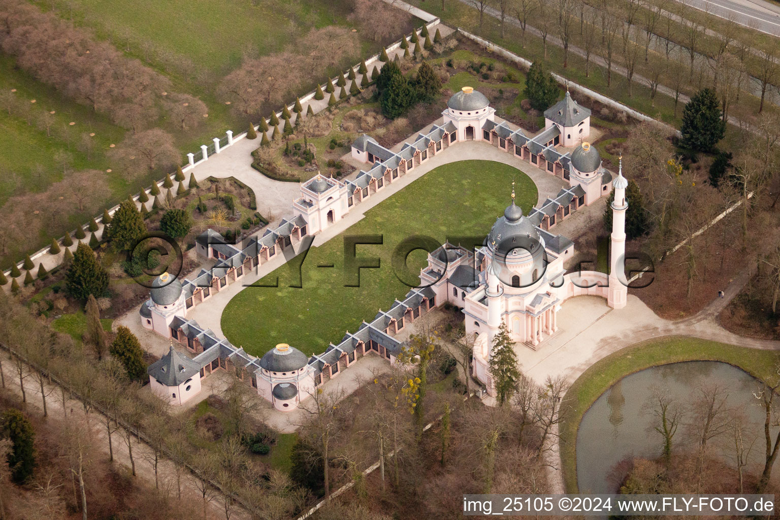 Schwetzingen Palace Park in Schwetzingen in the state Baden-Wuerttemberg, Germany from a drone