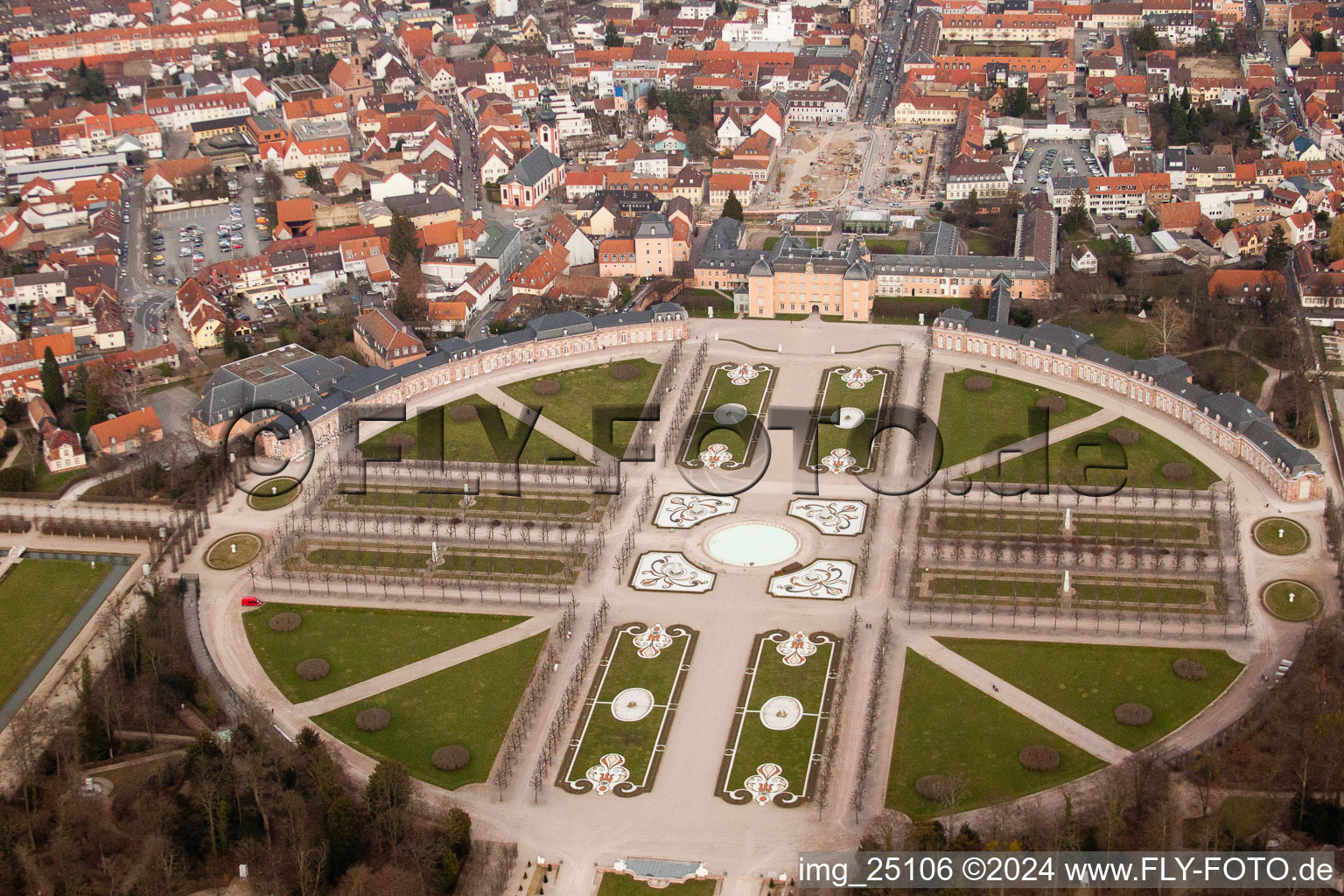 Schwetzingen Palace Park in Schwetzingen in the state Baden-Wuerttemberg, Germany seen from a drone