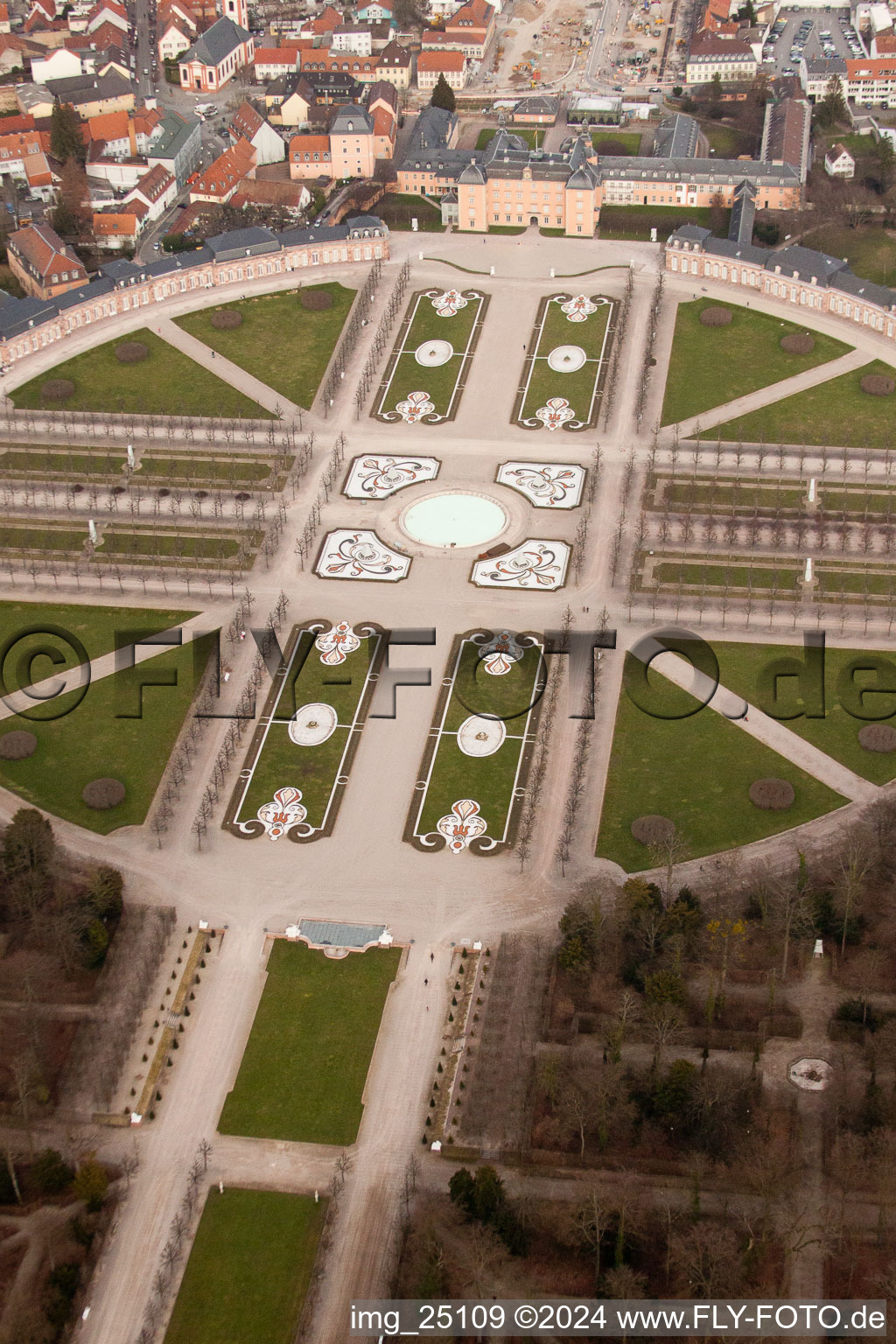 Aerial view of Schwetzingen Palace Park in Schwetzingen in the state Baden-Wuerttemberg, Germany